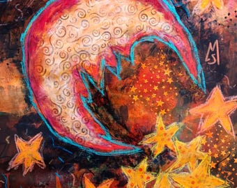 Original Moon Painting on Paper, 12x18 Celestial Mixed Media Art, Signed – Dark of the Moon Series, Before the Burn Pile