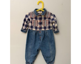 Vintage Baby Beluga Denim Romper Toddler Girls 18 months Gingham Cottagecore 90s