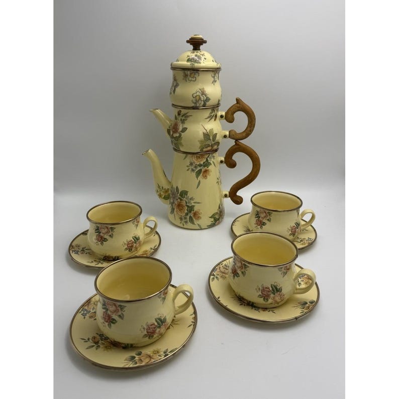 Vintage Victoria and Richard MacKenzie Childs Floral Enamelware Tea Set 12 Piece image 1