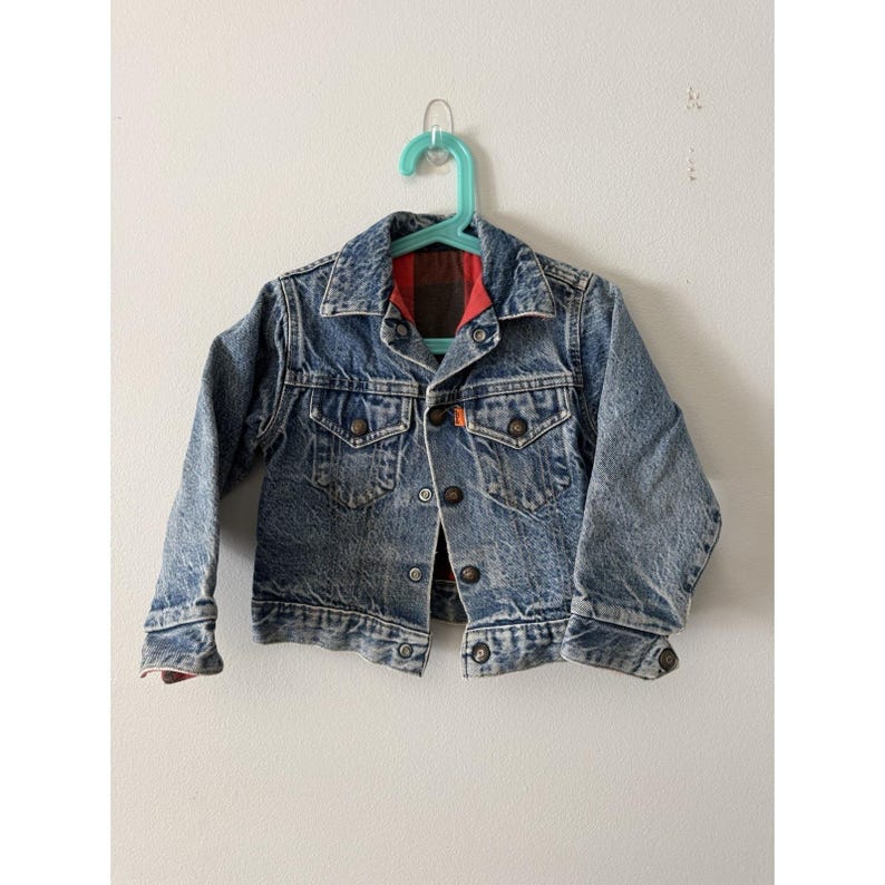 Chaqueta vaquera vintage Little Levis con etiqueta naranja y forro a cuadros de búfalo, talla 6. LEER imagen 1