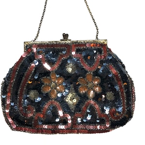 Antique Sequin Beaded Clutch Purse Made in France Art Nouveau Style Metal Frame