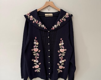 Vtg 90er Jahre MaggieLawrence Plus Size Bestickte Strickjacke 2X Cottagecore