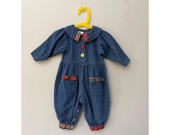 Vintage Buster Brown Denim Romper Toddler Girls 12 months Primary Plaid 90s