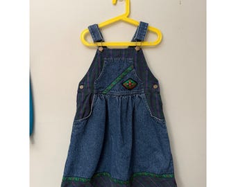 Vintage Mädchen OshKosh B'Gosh Denim Overall Kleid Sz 12 Plaid Scandi Blumen USA