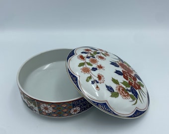 Vintage Artmark Japan Imari Floral Ceramic Trinket Jewelry Box 7" Round With Lid