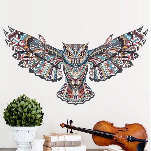 Large OWL Design Color Animal Bird Adhesive Decal Sticker Floral Wall Decor Art Meditation Spiritual Zen Gift Vinyl Home Decoration