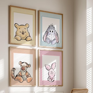 Juego de 4 láminas de Winnie the Pooh para habitación de bebé / Arte de pared a cuadros / Pooh, Piglet, Tigger, Ígor / Decoración clásica para habitación de bebé / Descarga instantánea
