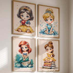Baby Princess Wall Art Set 4 Posters, Printable Wall Art, Princess Art, Digital Wall Art Print, Kids Room Decor, Nursery Princess Print