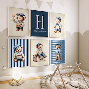 6er Set Vintage Jungenzimmer Print-Set Teddy Bär Wandkunst blau blau Prints Kinderzimmer Kunst Vintage