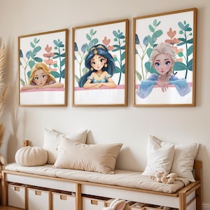 Disney Princess Wall Art Set – 6 Nursery Prints Featuring Rapunzel, Ariel, Elsa, Cinderella, Jasmine and Moana, Digital download, Watercolor
