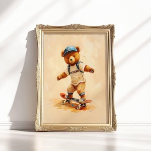 Skateboard Teddy Bear Print | Vintage Nursery Wall Art | Neutral Baby Room Decor | Printable Kids Art | Instant Download
