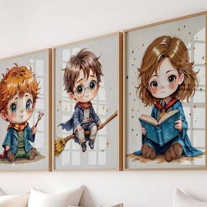 Juego de arte de pared para guardería de magos neutrales: 3 carteles imprimibles: bebés Harry, Hermione y Ron: decoración mágica para guardería
