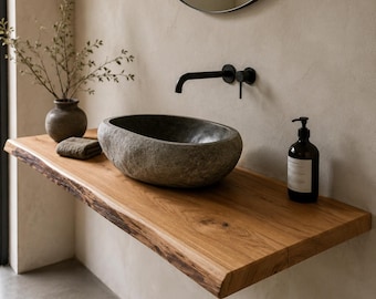 Encimera de tocador de roble macizo hecha a medida | Encimera de tocador de roble aceitado | Encimera de madera para baño | Borde natural | Muebles de baño de madera | Borde natural