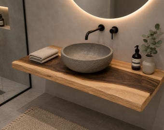 Solid walnut vanity top, lacquered | Custom-made tabletop | Bathroom wood countertop | Wooden vanity unit | Solid walnut