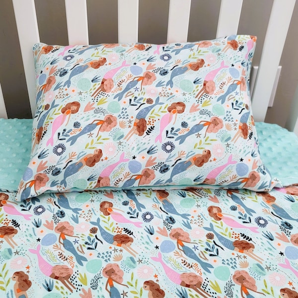 Mermaid MINKY Comforter and Pillow Set; Under the Sea Blanket and Pillow Matching Bedding Set for Girl Toddler bed or Crib; racial diversity