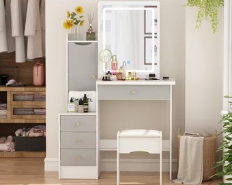 4-Drawers Wood Makeup Vanity Sets Dressing Table Sets in White with Stool, Mirror, LED Light and Storage Shelves