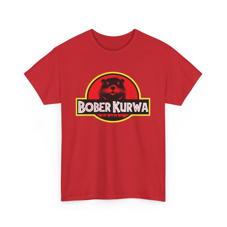 Bober Kurwa T-shirt Unisex, Bobr Meme geïnspireerd Jurassic Park Rood