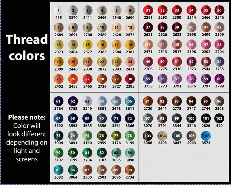 Pu&ograve; includere: Una tabella colori per fili da ricamo, con una griglia di campioni di fili numerati in vari colori. La tabella include il testo che indica i colori dei fili e una nota sulle variazioni di colore a seconda della luce e degli schermi.