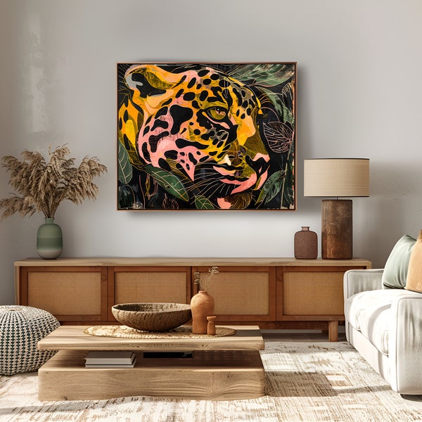 4K Art Print, Jaguar in the Jungle, Printable Wall Art, Colorful Jungle Scene, High Quality Art Print, Digital Download