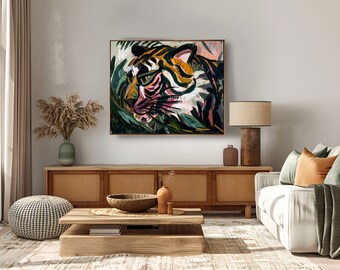 4K Kunstdruck, Tiger im Dschungel, druckbare Wandkunst, bunte Dschungelszene, hochwertige Kunstdruck, digitaler Download