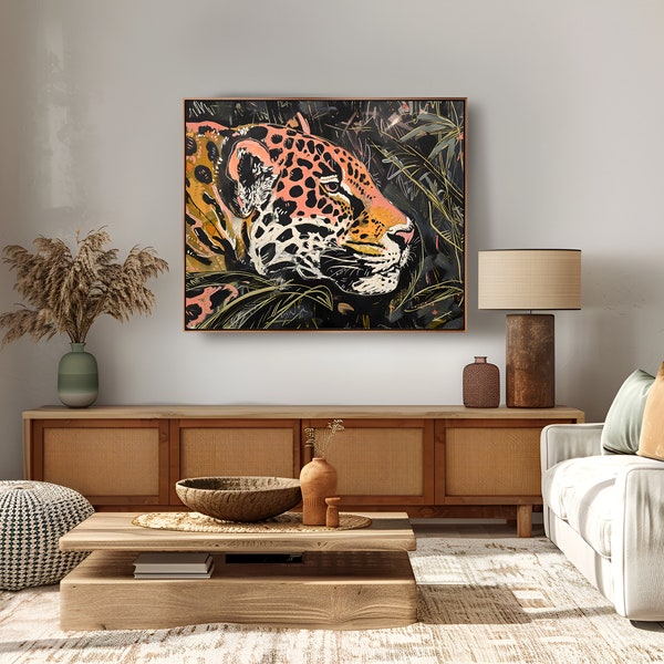4K Art Print, Jaguar in the Jungle, Printable Wall Art, Colorful Jungle Scene, High Quality Art Print, Digital Download