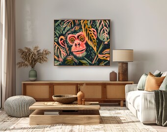 4K Kunstdruck, Affe im Dschungel, druckbare Wandkunst, bunte Dschungelszene, hochwertiger Kunstdruck, digitaler Download