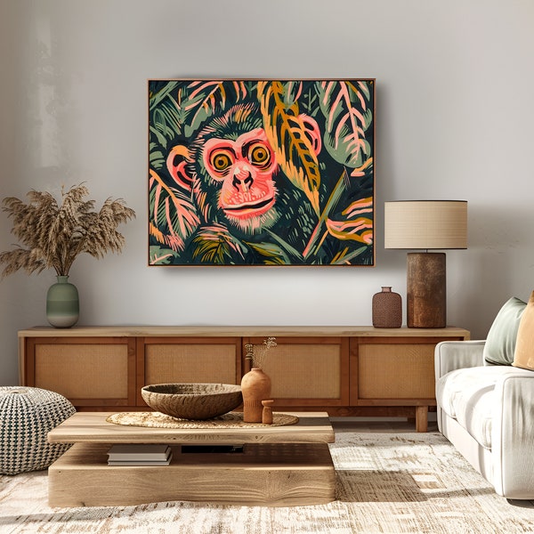 4K Art Print, Monkey in the Jungle, Printable Wall Art, Colorful Jungle Scene, High Quality Art Print, Digital Download