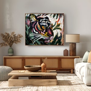 4K Kunstdruck, Panther im Dschungel, druckbare Wandkunst, bunte Dschungelszene, hochwertiger Kunstdruck, digitaler Download Bild 1