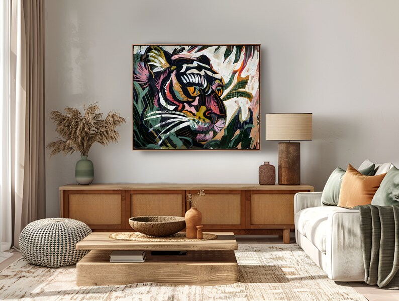 4K Kunstdruck, Panther im Dschungel, druckbare Wandkunst, bunte Dschungelszene, hochwertiger Kunstdruck, digitaler Download Bild 1