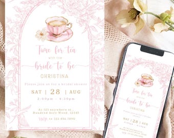 Time for Tea Invitation Bridal Shower Tea Party Invitation Pink Floral Bridal Invite Teapot Invitation Instant Download Afternoon tea invite