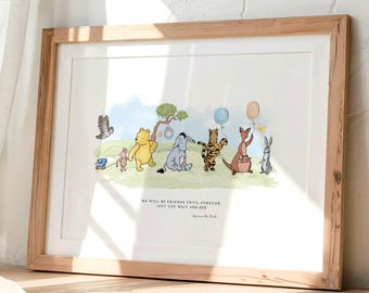 May include: A framed print featuring Winnie the Pooh and friends. The artwork shows the characters in a line, with a quote at the bottom. The frame is light brown, and the background is a soft white.