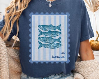 Sardines comfort colours shirt Fisherman aesthetic t-shirt French coastal tee fish beach coastal shirt Stamp Border Tee Ocean Fish t-shirt