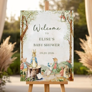 Peter Rabbit baby shower sign Peterrabbit welcome sign party decorations Beatrix Potter printables Editable Canva Digital Download