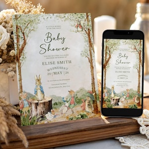 May include: Baby shower invitation featuring a watercolor illustration of Peter Rabbit and friends. The invitation includes the text "Baby Shower" and details for Elise Smith's baby shower, including the date and time.