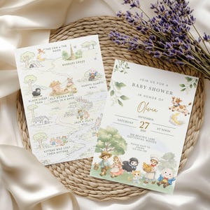 May include: Two baby shower invitations with illustrations. One features a map with nursery rhyme characters. The other has a cow jumping over the moon and the text "Join us for a Baby Shower in honor of Olivia".