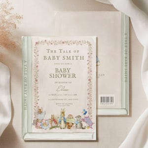 Könnte beinhalten: Eine rechteckige Babyparty-Einladung im Design eines Buches mit dem Titel The Tale of Baby Smith. Das Cover zeigt eine florale Umrandung, Illustrationen kleiner Tiere und Text mit den Veranstaltungsdetails für Elise am 20. Mai 2027.