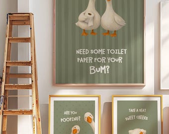Funny Bathroom Art Prints Set of 3 Green Silly Goose Poster Striped Whimsical Wall Decor Are you pooping humorous toilet Bathroom walle art