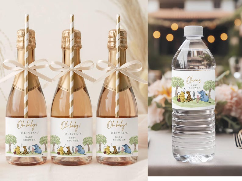 Winnie The Pooh Neutral Baby Shower Digital Bundle Classic Winnie Pooh Baby Shower Invitation Bundle Hundred Acre Winny Pooh Gender Neutral water bottle label