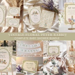 May include: A collection of vintage-style baby shower decorations featuring Peter Rabbit illustrations. The bundle includes invitations, signage, cupcake toppers, and champagne bottles, all with floral and bunny designs. The color palette is soft, with cream, green, and gold accents.