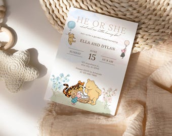 Invito per rivelare il sesso del bambino Invito digitale Winnie The Pooh Tema libro di fiabe Rivelazione del sesso del bambino personalizzata Modello classico Winnie The Pooh Canva