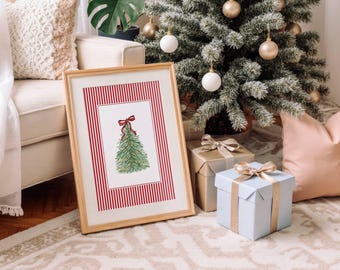 Vintage Christmas Tree Print Holiday Wall Art Christmas Decor printable art Festive Wreath Printable Wall Art digital set of 3 Red Bow