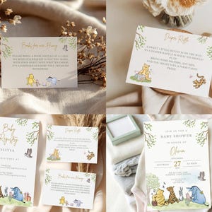 Winnie The Pooh Neutral Baby Shower Digital Bundle Classic Winnie Pooh Baby Shower Invitation Bundle Hundred Acre Winny Pooh Gender Neutral diaper raffle and books