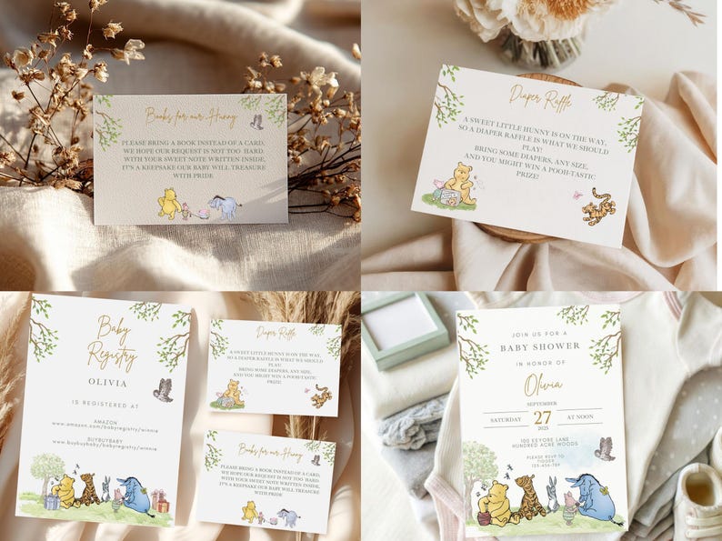 Winnie The Pooh Neutral Baby Shower Digital Bundle Classic Winnie Pooh Baby Shower Invitation Bundle Hundred Acre Winny Pooh Gender Neutral diaper raffle and books