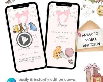 Plantilla de Canva para invitación de video animada para baby shower de Winnie the Pooh, descarga digital, rosa, niña, Winnie the Pooh, invitación, floral vintage