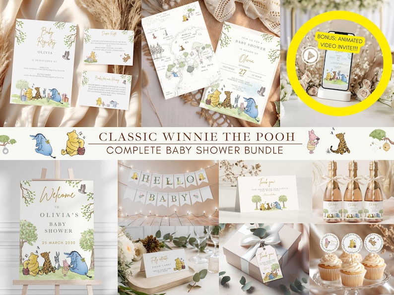 Winnie The Pooh Neutral-Babyparty-Digital-Bundle Klassische Winnie Pooh-Babyparty-Einladungs-Bundle Hundred Acre Winny Pooh Gender Neutral Bild 1