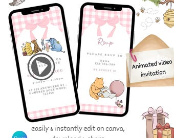 Animated first birthday invitation Winnie the Pooh Video Canva Template Digital Download Pink Winnie-the-pooh One year old invite Winny Pooh