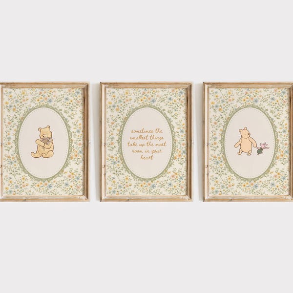 Classic Winnie the pooh baby nursery wall art set of 3 digital download Winny the pooh decor printable Cottagecore Sage Green Vintage floral