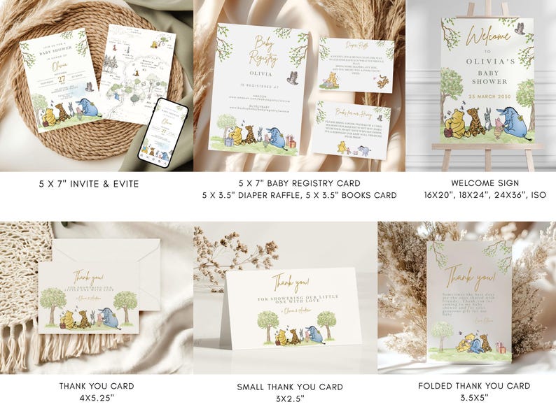 K&ouml;nnte beinhalten: Eine Sammlung von Babyparty-Papeterie im Winnie-Puuh-Stil. Enth&auml;lt Einladungen, Registrierungskarten, ein Willkommensschild und Dankeskarten. Das Willkommensschild ist 40x50 cm gro&szlig;. Die Karten zeigen Illustrationen von Puuh und seinen Freunden.