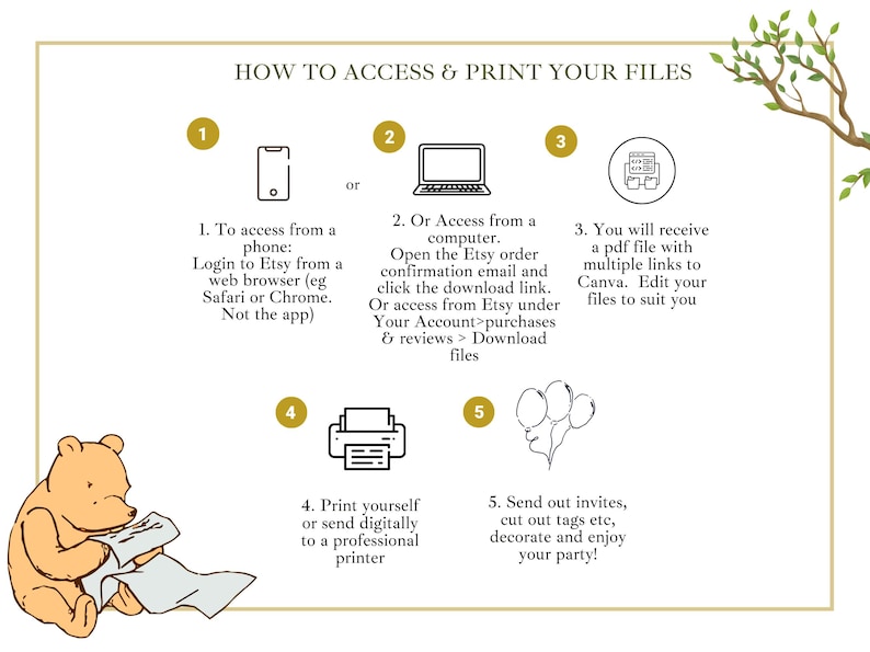 K&ouml;nnte beinhalten: Eine illustrierte Anleitung mit dem Text &bdquo;HOW TO ACCESS & PRINT YOUR FILES&ldquo;. Sie zeigt Schritte zum Zugriff auf und zum Drucken von Dateien von Etsy, einschlie&szlig;lich des Zugriffs von einem Telefon oder Computer und des Druckens zu Hause oder professionell. Ein Cartoon-B&auml;r ist ebenfalls abgebildet.
