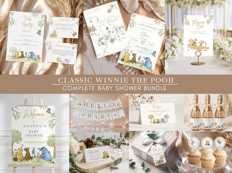 Winnie The Pooh Neutral Baby Shower Digital Bundle Classic Winnie Pooh Baby Shower Invitation Bundle Hundred Acre Winny Pooh Gender Neutral.  Complete bundle